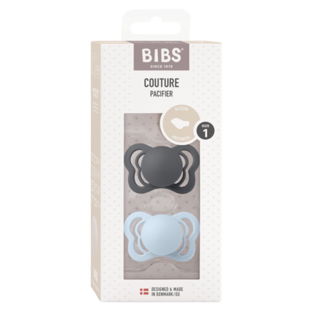 BIBS-sut Couture 2-pak silikone 0-6m Iron/Baby Blue